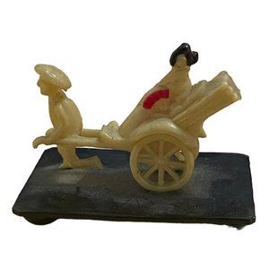 Vintage Japanese Celluloid Miniature Ricksha Geisha Figurine on Base